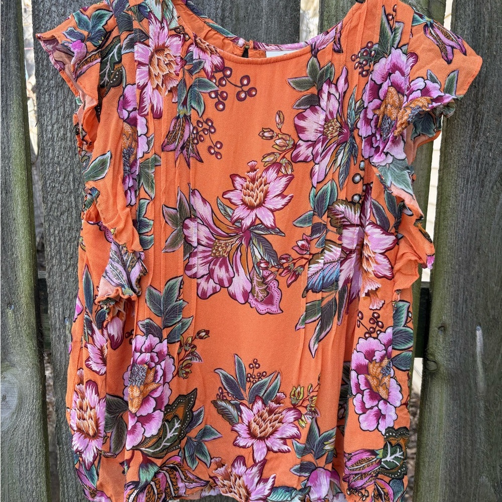 FARM Rio by Anthropologie Orange Floral Ruffle Short Sleeve Blouse M